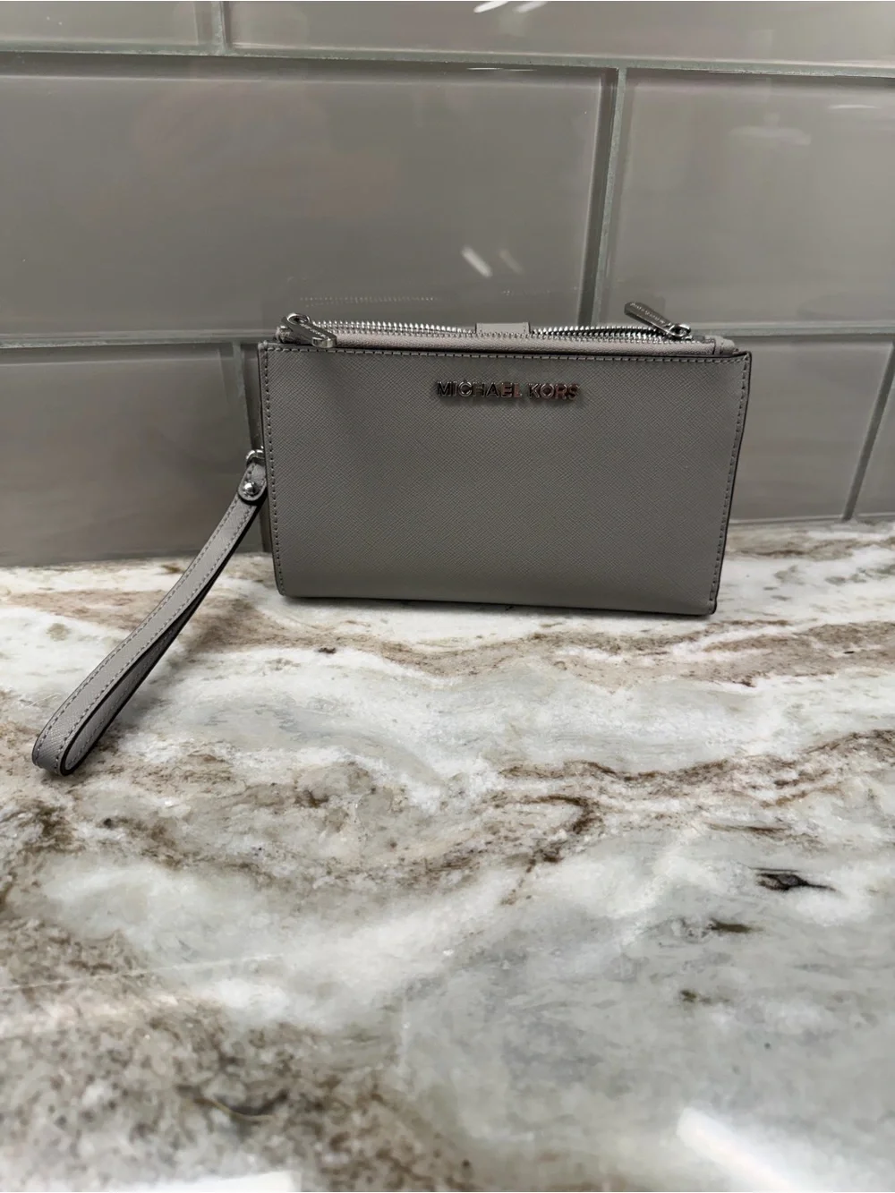 Michael Kors Light Grey Leather Wristlet Clutch